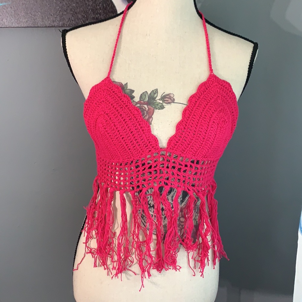 Fuchsia Raspberry Fringe Hem Crochet Tie Top - Picture 6 of 16